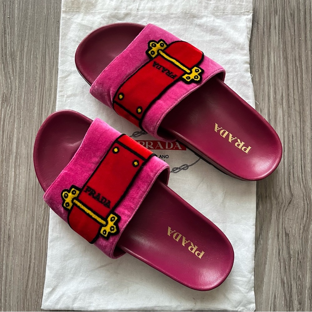 Prada Velvet Buckle Slide Sandals